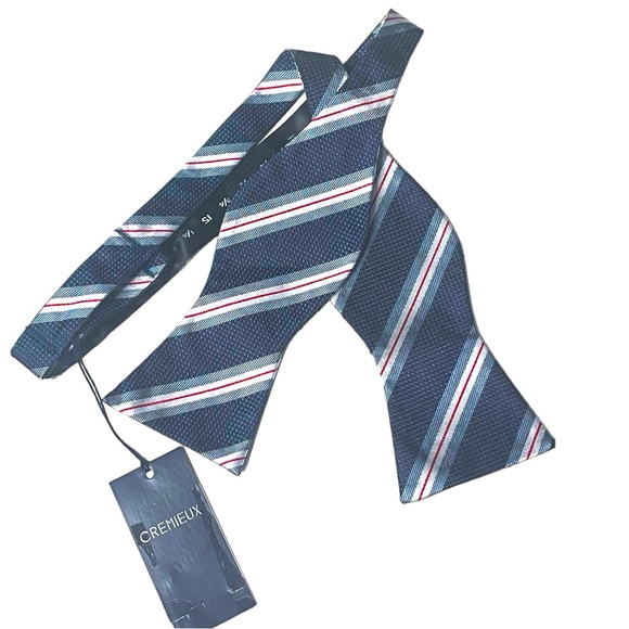 Daniel Cremieux Bow Tie Navy Blue with Silver and Red Diagonal Stripes - Picture 2 of 3